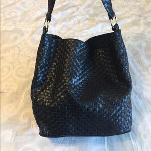 Black Faux Leather Basket Weave Hobo Bag